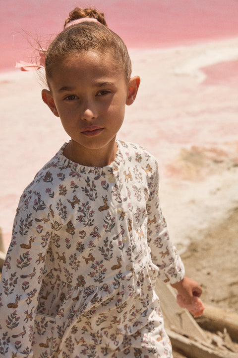 Lined Off White Floral Print Corduroy Dress