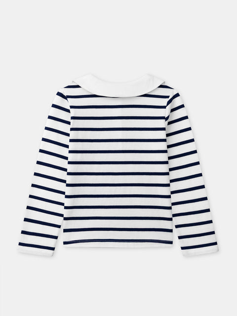 Long Sleeve Navy Stripe Collared Cotton T-shirt