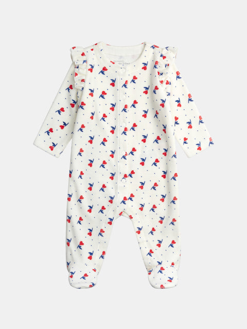 Cream Floral Print Velour Sleepsuit