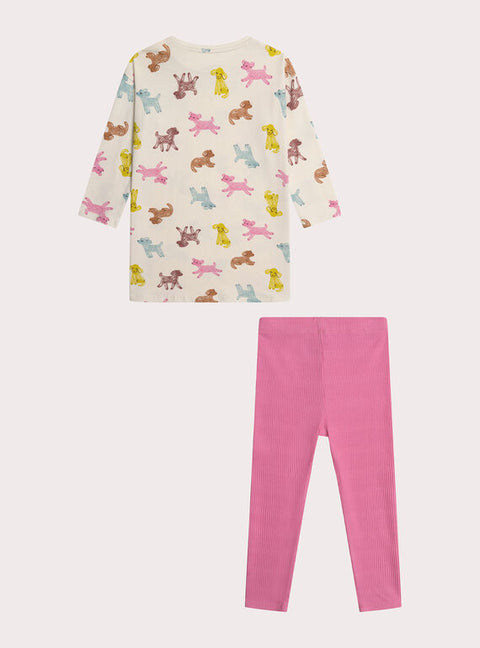 Cream Printed Nightdress/Pyjama Combi