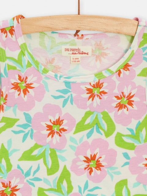 Pink Floral Print Sleeveless Cotton T-shirt
