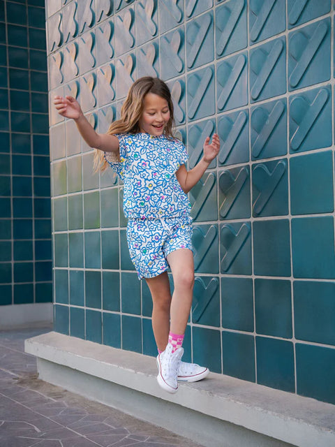 Blue Floral Print Cotton Shorts