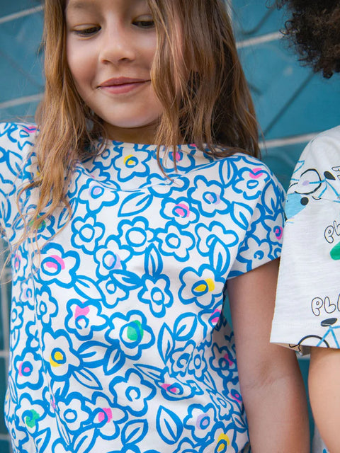 Blue Floral Print Cotton T-shirt