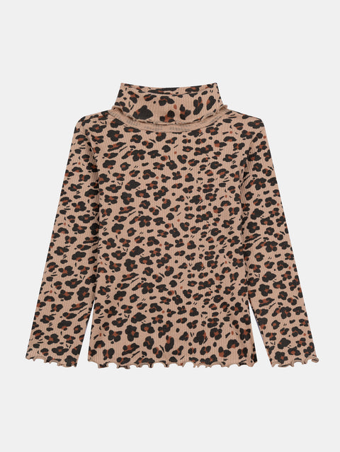 Ribbed Animal Print Cotton Polo Neck