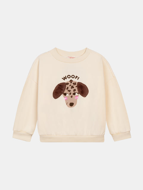 Cream Dog Applique Cotton Fleece Sweatshirt