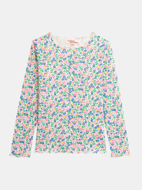 Ribbed Cream Floral Print Cotton T-shirt