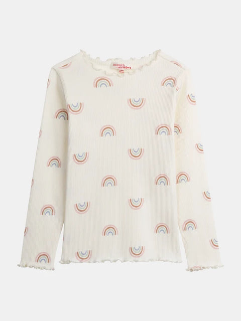 Ribbed Cream Rainbow Print Cotton T-shirt