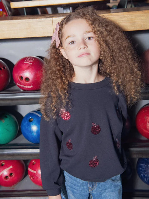 Navy Sequined Apple Pattern Fleece Sweatshirt