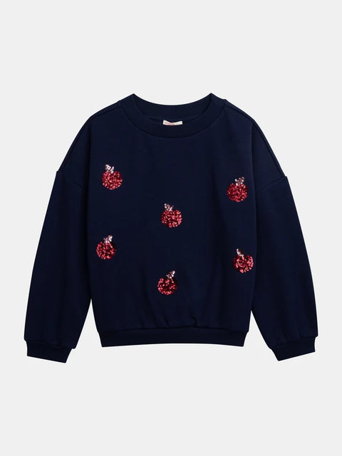 Navy Sequined Apple Pattern Fleece Sweatshirt