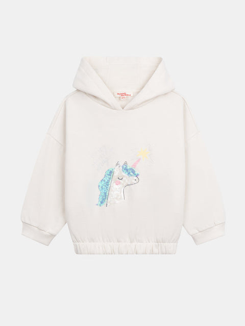 Off White Sequined Unicorn Cotton Fleece Hoodie
