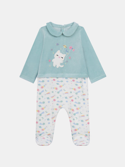 Sage Green Cat Print Velour Sleepsuit