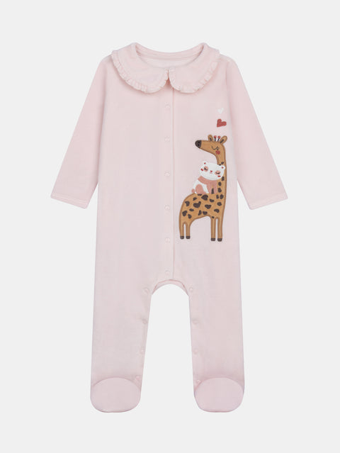 Pink Giraffe Applique Velour Sleepsuit