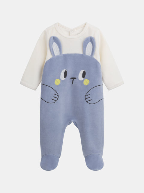 Blue Rabbit Applique Velour Sleepsuit
