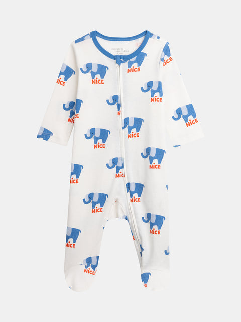 Off White Elephant Print Cotton Sleepsuit