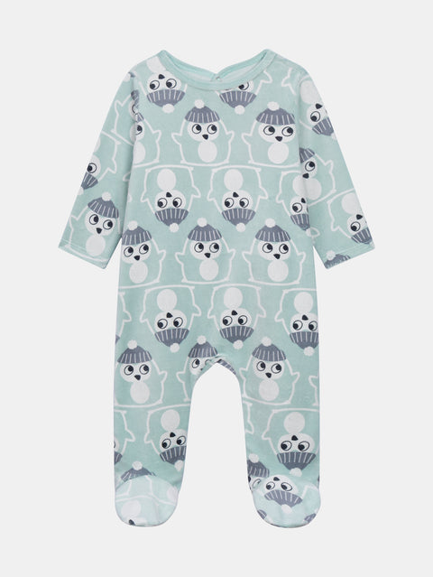 Blue Penguin Print Velour Sleepsuit