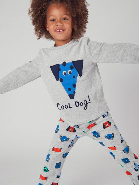 Grey Dog Print Velour Pyjamas