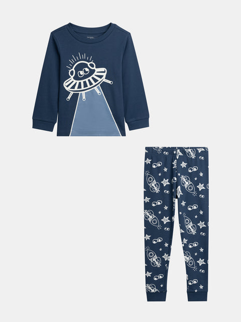 Navy Space Print Glow In The Dark Cotton Pyjamas