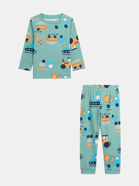 Turquoise Construction Vehicle Print Waffle Cotton Pyjamas