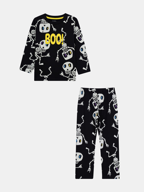 Black Skeleton Print Glow In The Dark Cotton Pyjamas