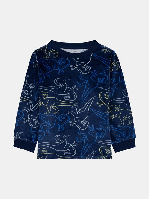 Navy Dinosaur Print Velour Pyjamas
