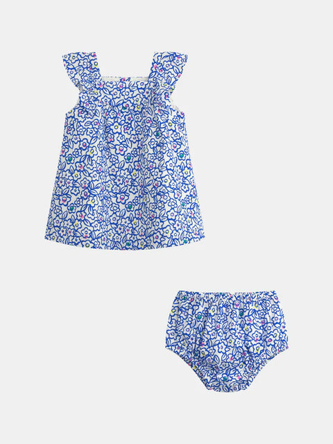 Lined Blue Floral Print Cotton Poplin Dress With Bloomers