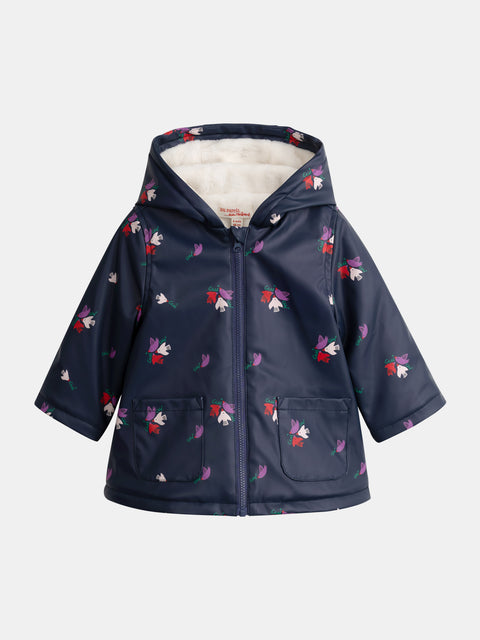 Soft Boa Lined Navy Floral Print Rain Coat