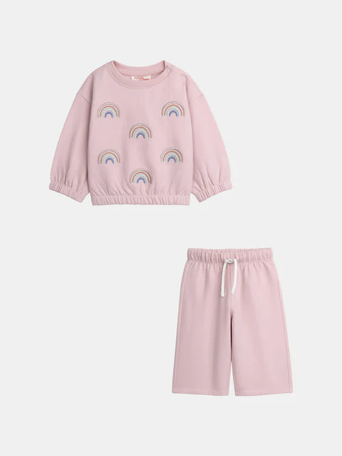 Pink Rainbow Embroidered Cotton Fleece Tracksuit