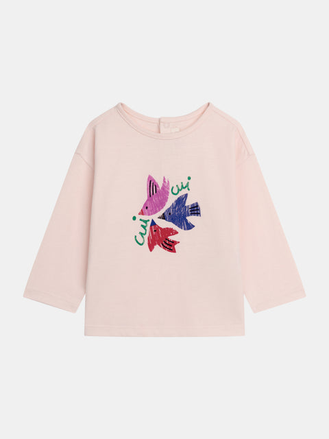 Pink Bird Print Cotton T-shirt