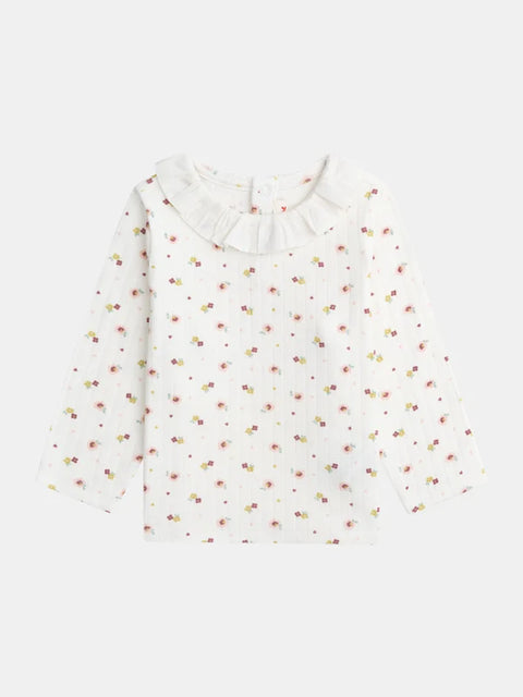 Cream Floral Print Pointelle Cotton T-shirt
