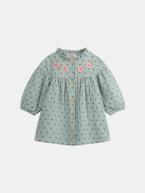 Lined Embroidered Sage Green Floral Print Cotton Dress