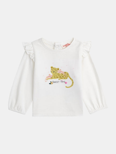 Ruffle Detail Tiger Print Cotton T-shirt