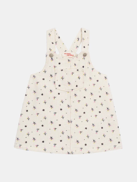 Lined Off White Floral Print Dungaree Style Velvet Dress