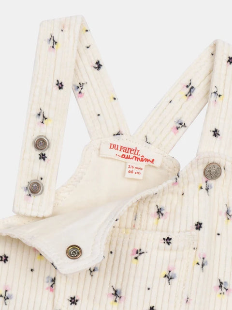 Lined Off White Floral Print Dungaree Style Velvet Dress