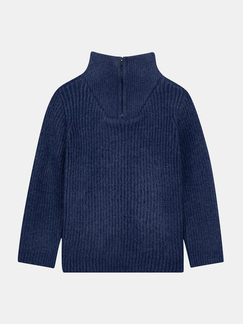Ribbed Blue Quarter Zip Funnel Neck Jumper