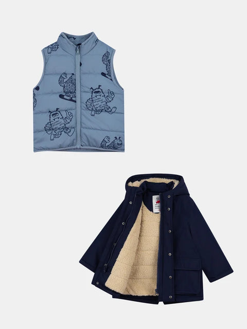 Navy Lined Canvas Coat With Detachable Printed Gilet