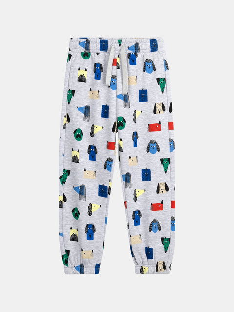 Grey Dog Print Cotton Fleece Joggers