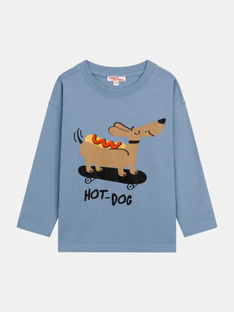 Blue Dog Print Cotton T-shirt
