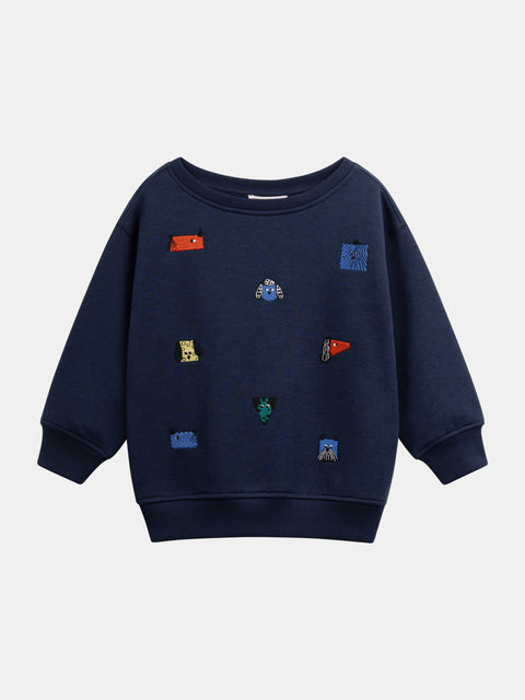Navy Dog Embroidery Cotton Fleece Sweatshirt
