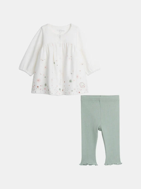 Newborn Off White Printed Velour Dress With Green Leggings
