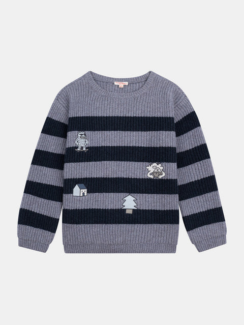 Blue Grey Striped Embroidered Cotton Mix Jumper