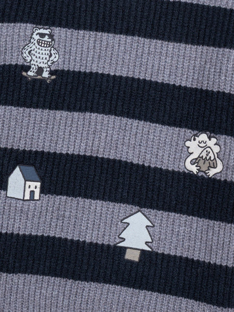 Blue Grey Striped Embroidered Cotton Mix Jumper