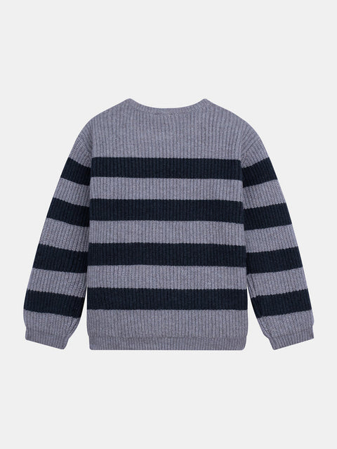 Blue Grey Striped Embroidered Cotton Mix Jumper