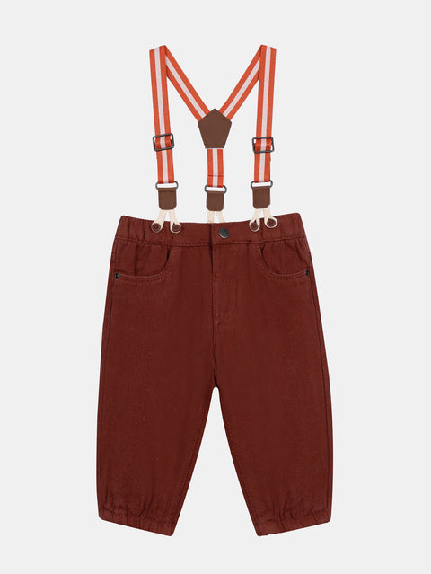 Lined Burgundy Cotton Twill Trousers With Braces