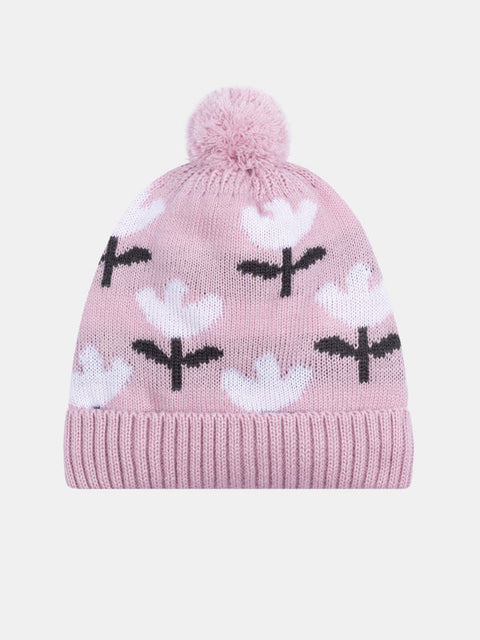 Pink Micropolar Lined Floral Pattern Hat With Bobble