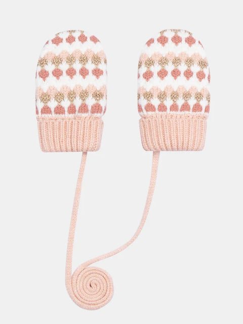 Cream & Pink Lined Sherpa Gloves With Tie