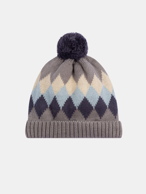 Micropolar Lined Intarsia Pattern Hat With Bobble