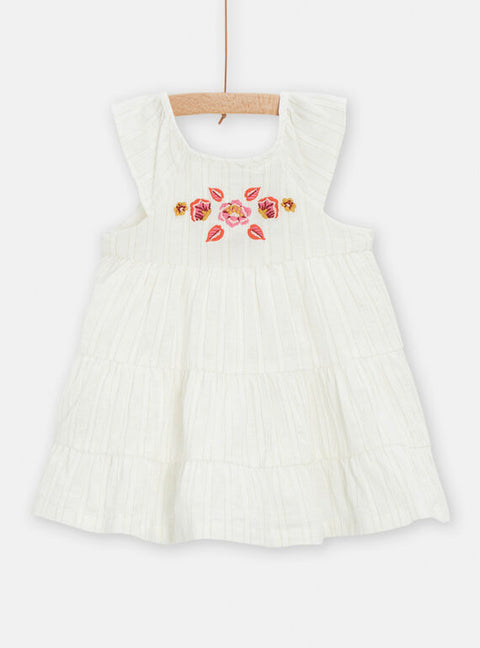 Cream Cotton Dress With Floral Embroidery