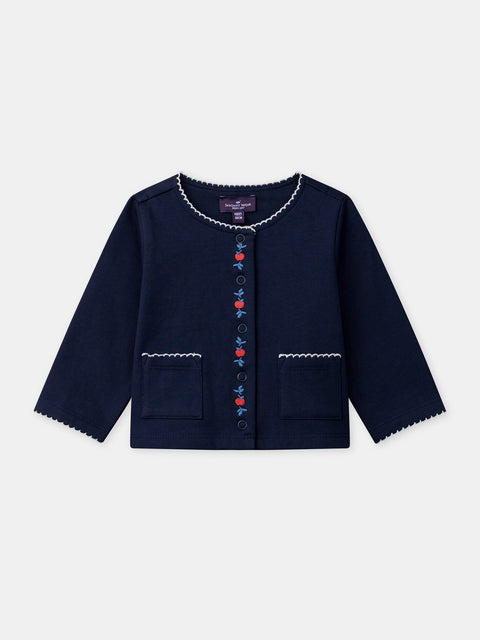 Navy Embroidered Cotton Fleece Cardigan