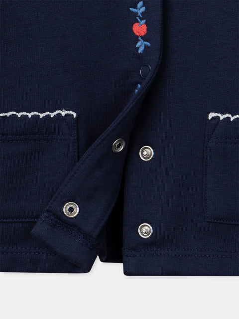 Navy Embroidered Cotton Fleece Cardigan