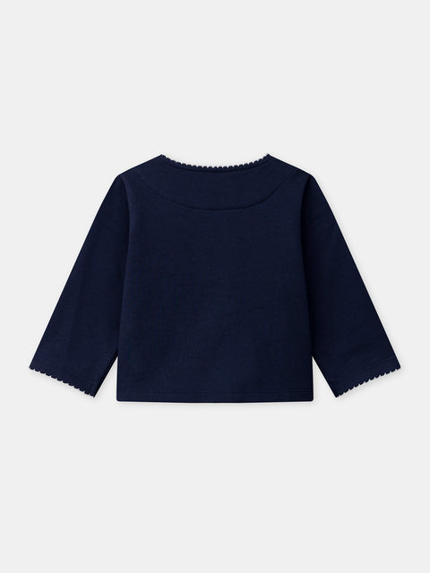 Navy Embroidered Cotton Fleece Cardigan